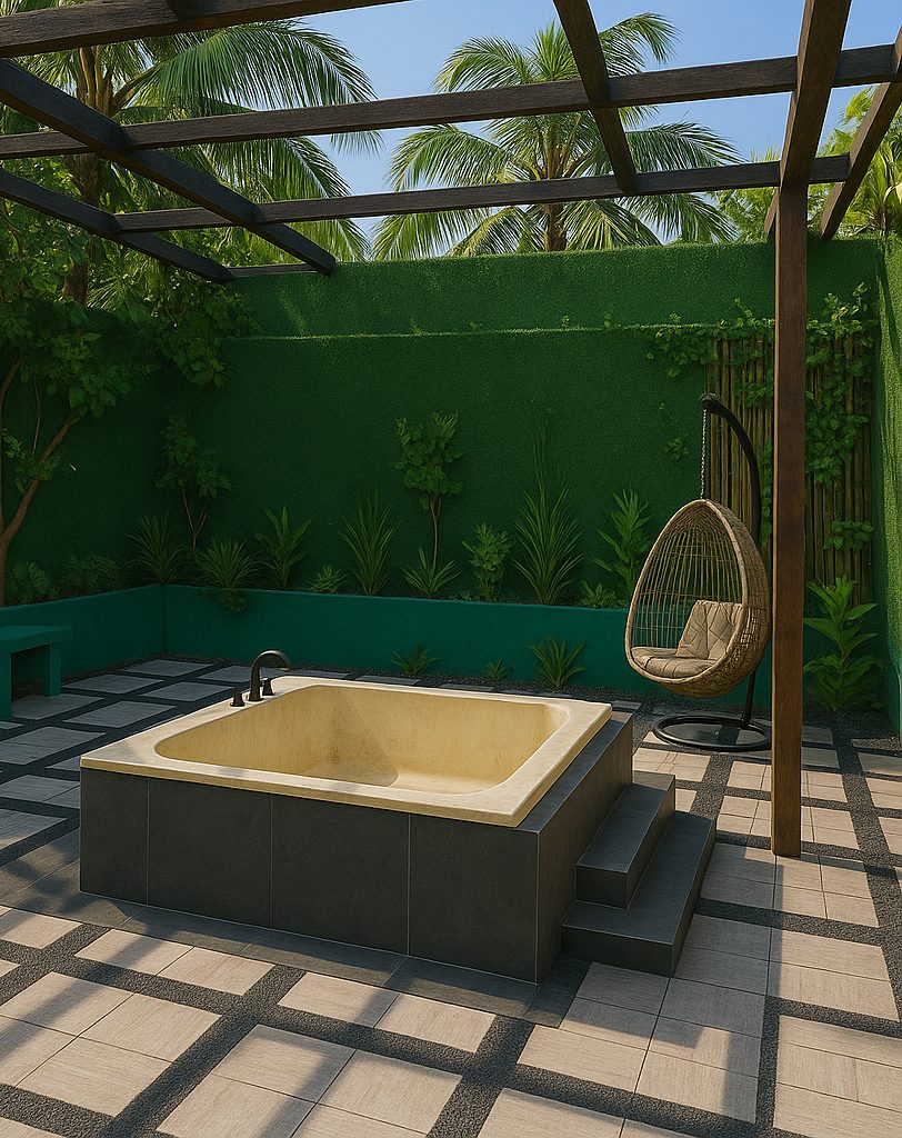 Outdoor jacuzzi under a garden pergola at Hidden Palace